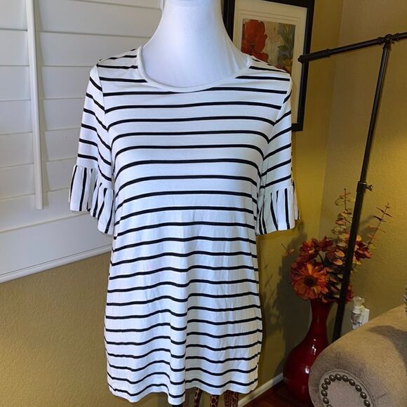 Philosophy Womens Top Blouse Size S White Black Striped Scoop Neck Bell Sleeves - Picture 1 of 6
